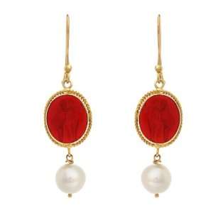   Red Venetian Cameo and Freshwater Cultured Pearl Earrings Jewelry