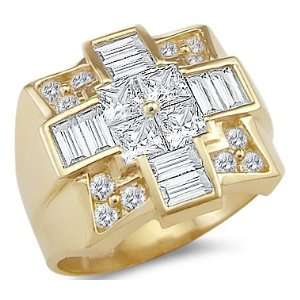   New Solid 14k Yellow Gold Mens Huge Large Cross CZ Cubic Zirconia Ring