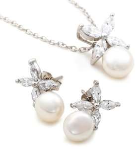 Platinum Plated Sterling Silver Freshwater Cultured Pearl Earrings and 