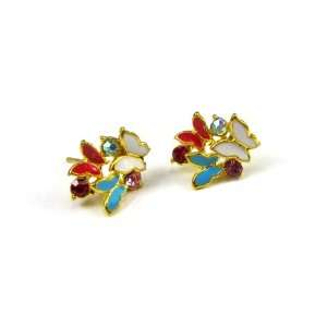 Tri Color Butterfly Enameled Stud Earrings with Multi Color Sparkling 