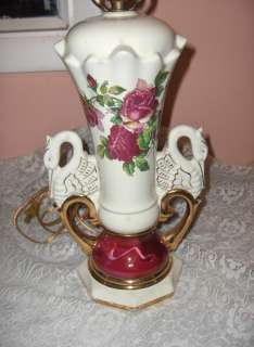   Lamp Ruby Roses Swan Handles Gold Accents Worrall Signed 1940s  