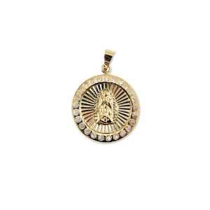 14k Yellow Gold, Virgin Mary Guadalupe Pendant Charm Lab Created Gems 