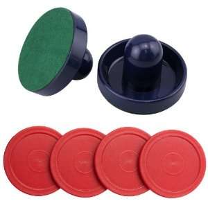 Set of Two Blue Air Hockey Pushers and Four Red Air Hockey Pucks 