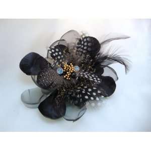   NEW Black Sheer Feather Hair Flower and Brooch Pin, Limited. Beauty