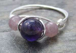 Amethyst & Lepidolite Sterling Silver Wire Wrapped Bead Ring ANY Size 