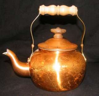   antique vintage copper wood handle made portugal tea pot kettle with a
