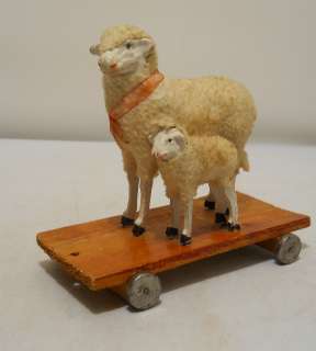 1890s Antique Paper Mache Woolly Sheep Ewe + Lamb Pull Toy All 