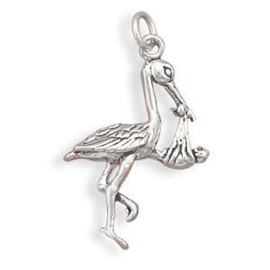    24x16.5mm Stork with Baby Charm .925 Sterling Silver Jewelry
