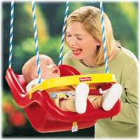 The Infant to Toddler Swing reclines via its ropes for use with 