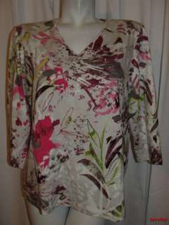   ~CHICOS Pink Plum Green Beige V neck 3/4 Sleeve Shirt Top Size 3 XL