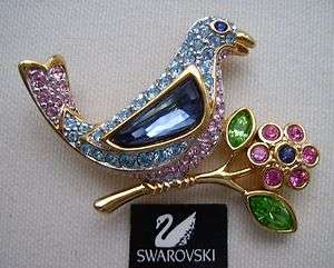 Signed Swan Swarovski Blue Bird Brooch Pin  