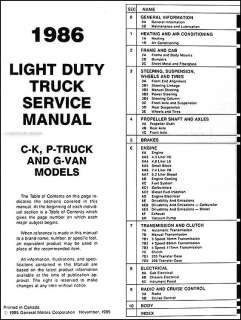 1986 Chevy Truck Repair Shop Manual Pickup G Van K5 Blazer Suburban 