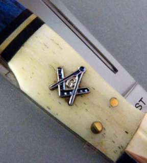 Mason Freemason Pocket Knife Trapper Bone Handle Inlaid Compass and 
