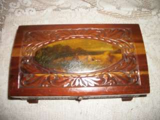 ANTIQUE JEWELRY BOX CARVED WOOD DESIGN LADY FARMERS SCENE  