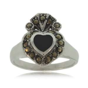  Black Onyx Heart Ring W/ Marcasite Silver Ladies Band 