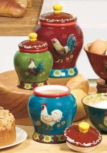   Rooster & Sunflowers 3 PC Earthenware Kitchen Canister Set ~NEW