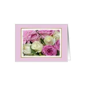   Our Wedding Day Wedding Flowers Off White and Pink Roses Bouquet Card