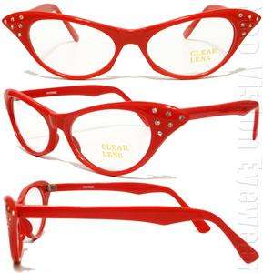   cat eye glasses clear lenses red rhinestone frame vintage 50s style
