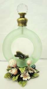 New Hand Blown Green Glass Round Perfume Bottle with Metal Dragonfly 
