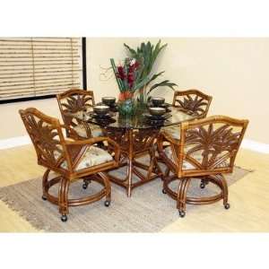 Cancun Palm 5 Piece Indoor Rattan Dining Set with Caster Chairs in TC 