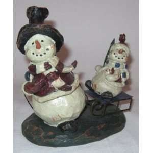  Resin Country Snowman Pulling Snow Child on Sled 