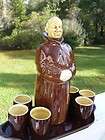 VINTAGE LIQUOR DECANTER MONK WITH 6 CUPS AND PLATTER HE