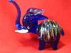 Small Hand Blown Glass Elephant Clear Blue with Color Swirls and White 
