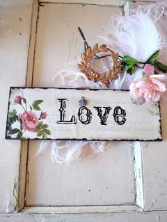Shabby Cottage Chic Love Wall Decor Plaque Roses Crown Pink Cream 