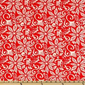   12 Days Of Christmas Poinsettias Damask Berry/Ivory Fabric By The Yard