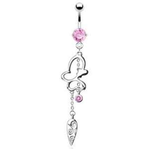 Dangling Butterfly Belly Button Navel Ring Dangle with Pink Gems and 