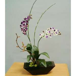  Silk Flowers   Orchids in Hand made Wood Vessel