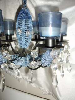 Candle chandelier Blue beads and glass crystals over black steel 