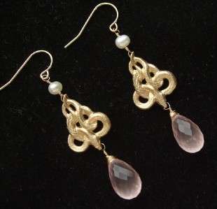 14k Gold Vintage French Snake Rose Quartz Pearl Earrings  
