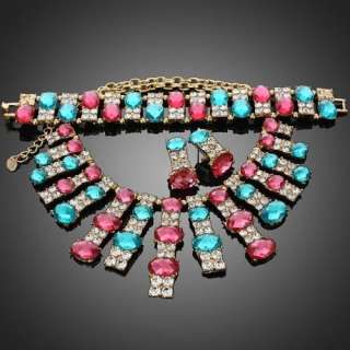   Fuschia Clear Rhinestone Pendant Necklace Bracelet Earrings Set  