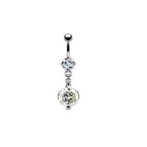 Belly Button Navel Banana Ring Double Dangle Round CZ Stainless Steel 