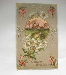 HAPPY BIRTHDAY 1910 EMB. LANDSCAPE FLOWERS PC  