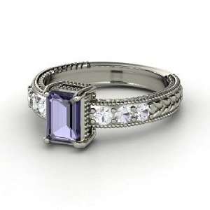   Ring, Emerald Cut Iolite Palladium Ring with White Sapphire Jewelry