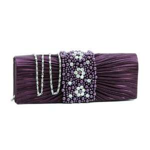Purple Pleated evening bag clutch w/ rhinestone & pearl accented flap