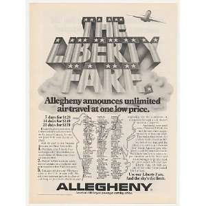  1975 Allegheny Airline Liberty Fare Unlimited Travel Print 