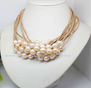 10pcs big natural pink growth rings pearl & leather necklace wholesale 