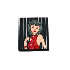   and White Pinstripe Compact Double Mirror Brunette Girl in Red Dress