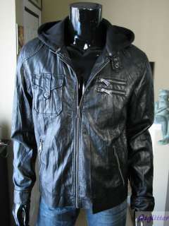 GUESS Black Adrian Hooded Faux Leather Jacket NWT  