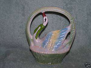   Basket With Swan Figurine Figural Made in Brazil Irresdescent Birds