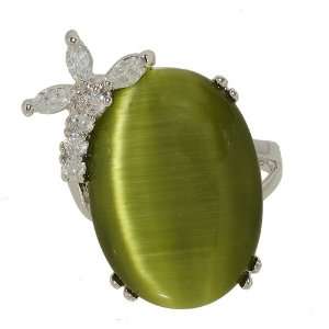 Dusty Olive Green Cat Eye Big Oval Single Stone Cocktail Fashion Ring 