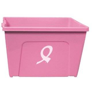 Pink color 18 gallon recycle bin with breast cancer awareness logo