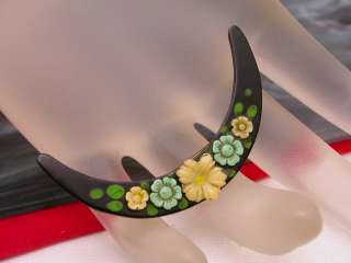 Vintage Lucite Plastic Flowers moon Crescent Brooch Small  