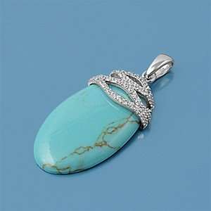    Sterling Silver Oval Turquoise w/ Crowning Bail CZ Pendant Jewelry