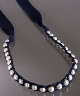 Lanvin dark blue silk ribbon and pearl necklace   