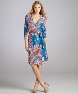 JB by Julie Brown blue magnolia print 3/4 sleeve wrap dress