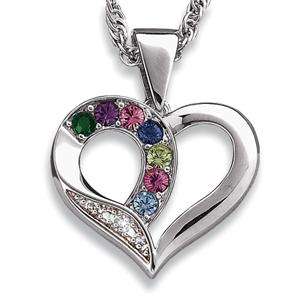 Customized Platinum Plated Mothers Heart Birthstone Necklace 2 to 7 